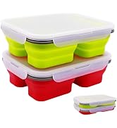 FUSMYE 2 Pack Big Size Collapsible Silicone Bento Lunch Boxes With Lids spoons forks,3 Compartmen...