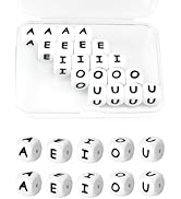 FIVEIZERO 20Pcs Silicone Letter Beads - White 12mm Square Vowels for Bracelets, Keychains, Neckla...