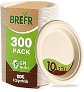 BREFR 300 Pack 10 Inch Compostable Plates, Bulk Biodegradable Large Dinner Plates – Heavy Duty Su...