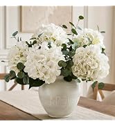 Wracra Real Touch Faux Hydrangea Eucalyptus Arrangement, White Fake Flowers | Large Real Touch Fa...