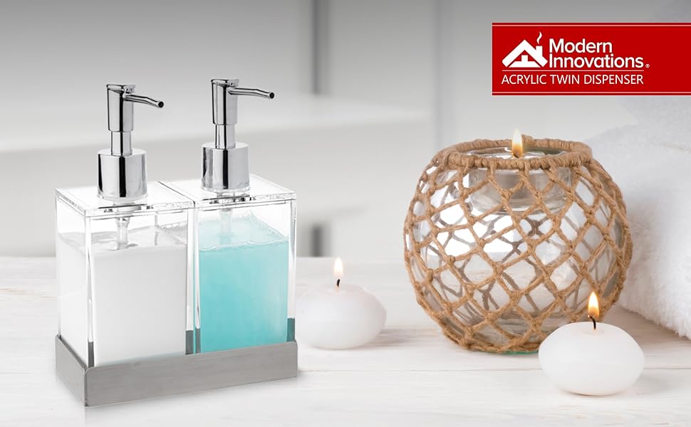 Acrylic Twin Liquid Soap and Lotion Dispenser Set with Caddy - Double Soap Dispenser for Kitchen