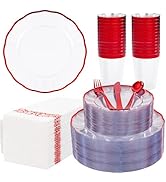 LIYH 350 Pcs Red Plastic Dinnerware Set for 50 Guests, Clear Disposable Plastic Plates with Red R...