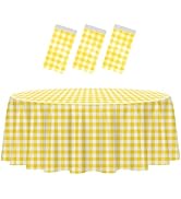 HEIPINIUYE 3 Pack Yellow and White Round Checkered Tablecloth 84 × 84 Yellow Plaid Table Cover Di...