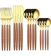 PEIRONG 16 Pcs Gold Silverware Set with Simulated Wooden Handle for 4,Stainless Steel Cutlery Set...