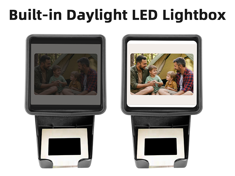 Built-in daylight LED light box provides even illumination for slide scanning and viewing.