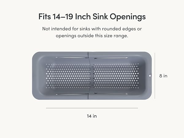 Text showing sink colander fits sink openings between 14 and 19 inches wide