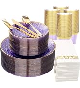 DaYammi 350 Pcs Clear Purple Gold Plastic Plates, Hammered Disposable Dinnerware, Clear Purple Pl...