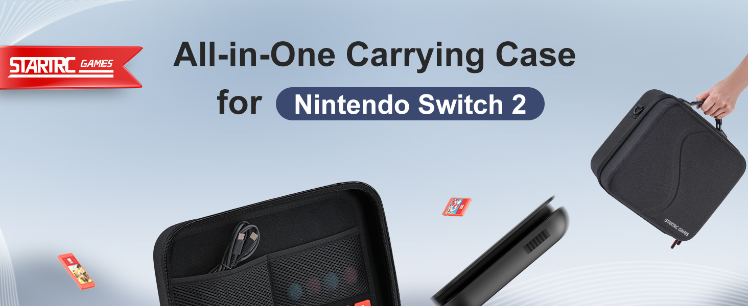 Text reads 'All-in-One Carrying Case for Nintendo Switch'. Product image shows black protective gaming case with accessory compartments.