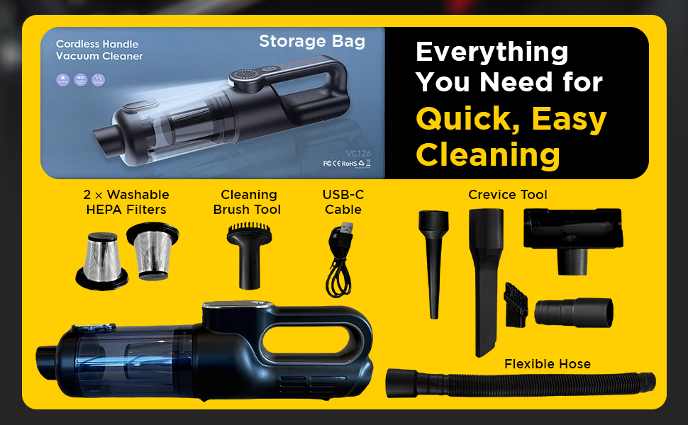 Luminoire handheld cordless car vacuum with storage bag, dual HEPA filters, USB-C charger