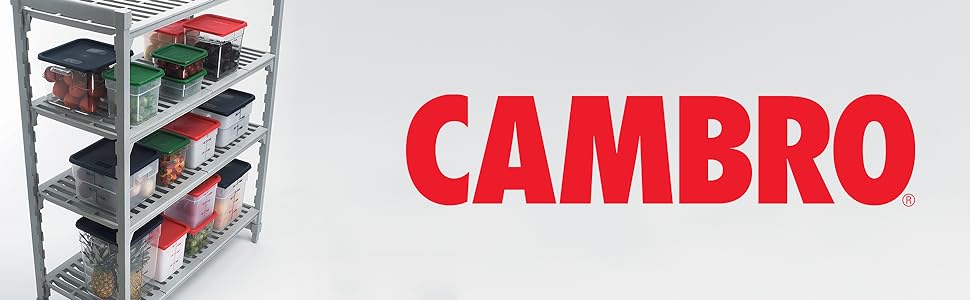Cambro shelving unit with a variety of cambro square food containers.