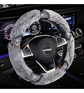 KAFEEK Diamond Fluffy Microfiber Plush Steering Wheel Cover with Bling Bling Crystal Rhinestones ...