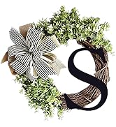Monogram Initial Letter Wreaths for Front Door with Striped Linen Bow & Fake Green Grass on Grape...