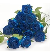 uehdydh 12 Pcs Blue Roses Artificial Flowers, Real Touch Fake Velvet Flowers with Stems in Bulk f...