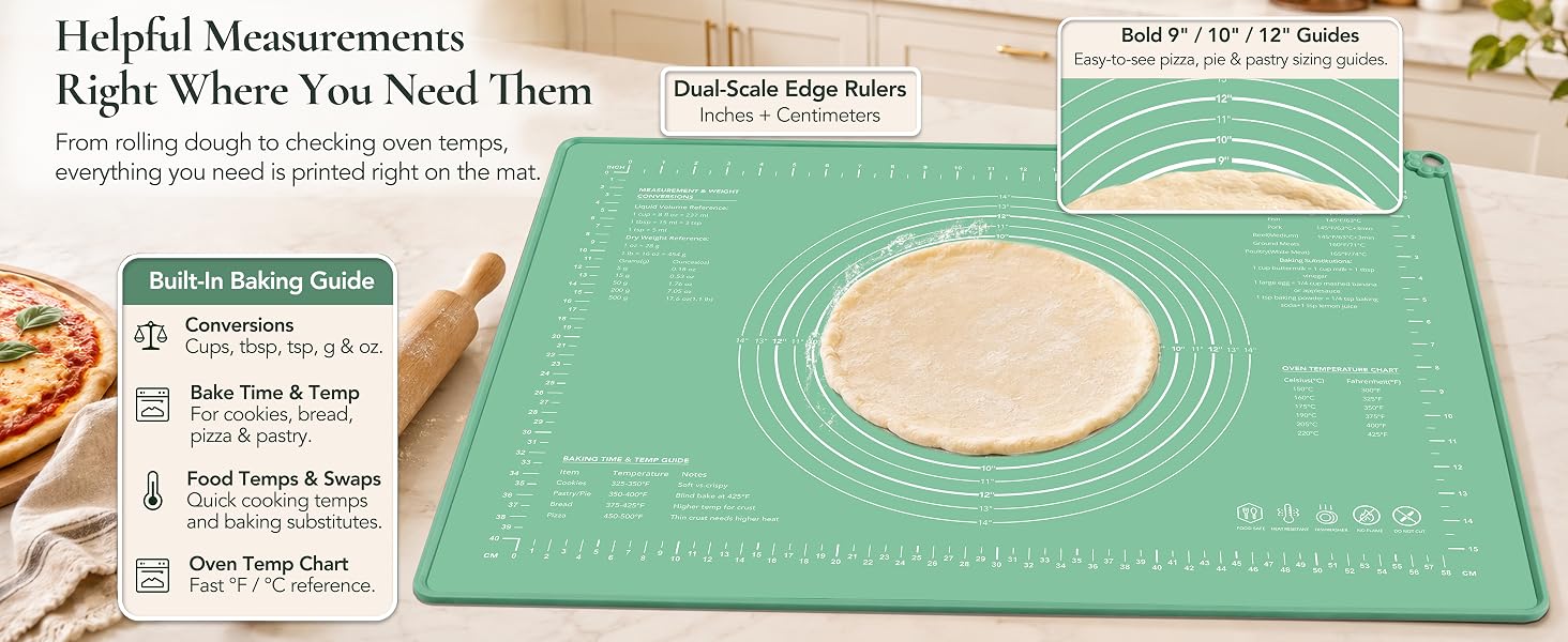 Extra large KOYMILEY pastry mat with bold 9, 10 and 12 inch guides for pizza dough and pie crust