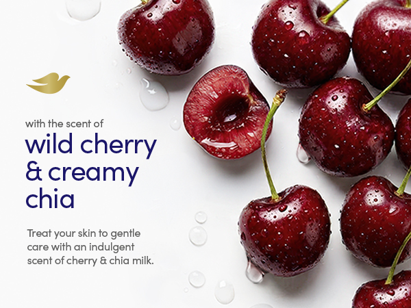 Wild cherry and creamy chia fragrance message alongside red cherries covered with water droplets