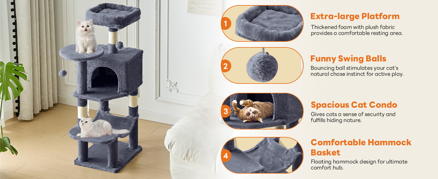Sweetcrispy 44 inch Cat Tree with Condo, Scratching Posts, Platform, Hammock