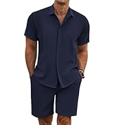 COOFANDY Men's Summer Beach Outfits 2 Piece Short Sleeve Shirts and Shorts Vacation Texture Linen...