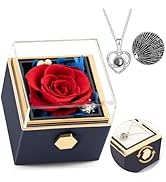 HIAGROW Preserved Real Red Forever Rose Rotating Box with I Love You Necklace 100 Languages,Etern...