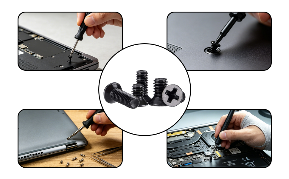 Laptop repair scenes: SSD, motherboard, back cover, CPU heat sink scenarios, repair, laptop