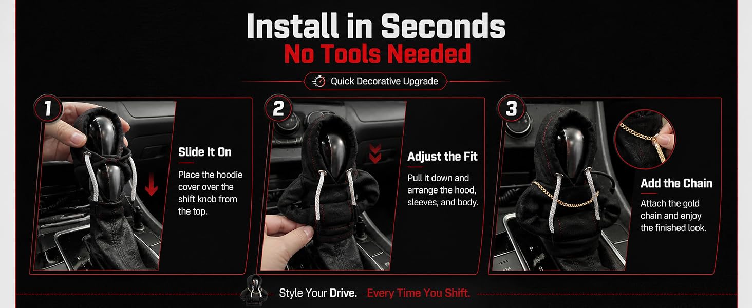 Three-step installation guide showing how to slide on, adjust, and add the gold chain.
