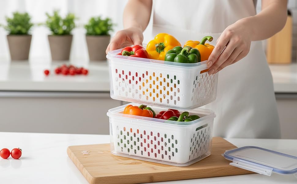 Fruit Storage Containers for Fridge with Removable Colanders