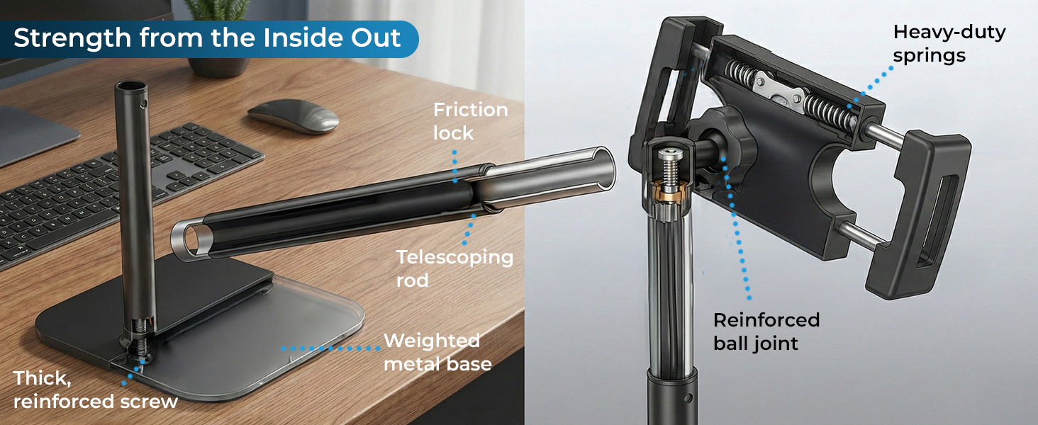 Reinforced iPad stand tripod with adjustable features for iPad Pro accessories and desk tripod.
