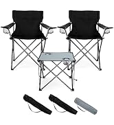 HaSteeL Folding Camping Chair Set of 3, Foldable Black Camp Chairs & Grey Table, Large Lawn Chair...