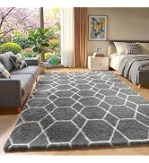 ONASAR Area Rugs for Bedroom Living Room, 4x6 Fluffy Grey and White Floor Rug, Shaggy Geometric S...