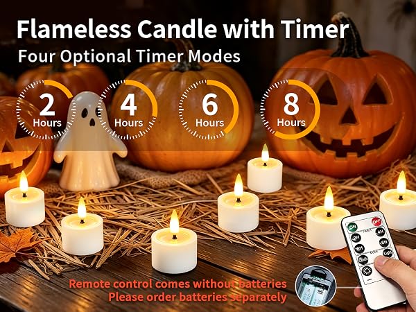 Text reads 'Flameless Candle with Timer' and 'Four Optional Timer Modes' with timer options 2, 4, 6, 8 hours. Displayed among Halloween pumpkins and decorative items with remote control.