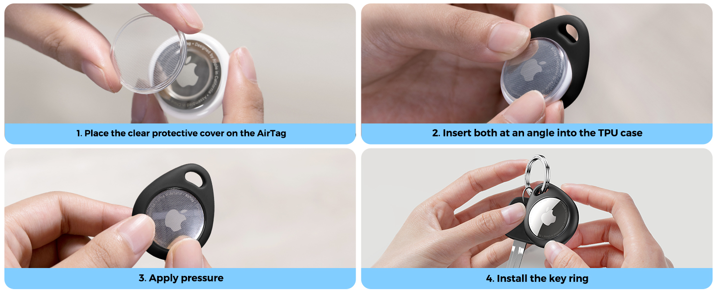 Four-panel instruction set for installing a circular tag into a protective case. Shows placing cover, inserting tag, applying pressure, and attaching key ring to the assembled device.
