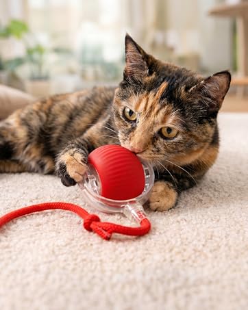 Cat playing with an automatic moving ball cat toy that runs around.