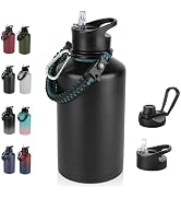 64 oz Insulated Water Bottle with Straw & Spout Lids, Stainless Steel Metal Half Gallon Water Jug...