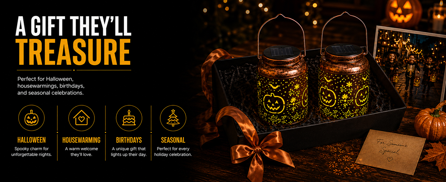 Snowbelle solar pumpkin lanterns, 2-pack with bat and leaf shadow projection