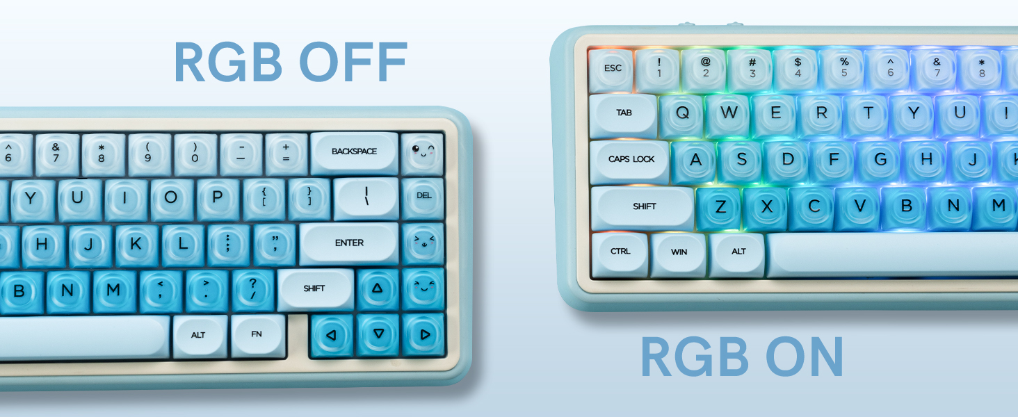 RGB off (showing a simple blue look) and RGB on (emitting colorful lights through the keycaps)