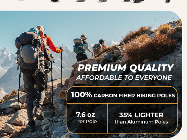 Foxelli 100% carbon fiber hiking poles 7.6 oz per pole, 35% lighter than aluminum