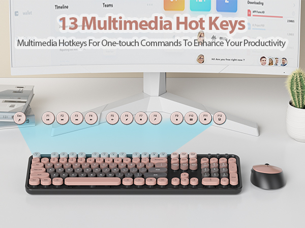 pink typewriter keyboard and mouse wireless cute colorful retro typewriter full size keyboard