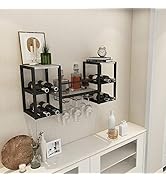 GiftGo Industrial Greige Wall Mounted Wine Rack with 3 Steam Glass Holder Partial Wood Shelf Blac...