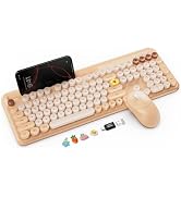 Wireless Keyboard and Mouse Combo with Retro Round Keycaps, Full-Size Cute Typewriter Keyboard wi...