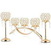 Kehail Set of 3 Gold Crystal Tea Light Candlestick Holders Flower Shape with Crystal Pendant Bowl...