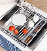 JASIWAY Roll Up Dish Drying Rack, Expandable (12.8"-23.8" D x 15.5" W) Stainless Steel Portable D...