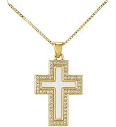 Elurent 18K Gold Plated Cross Pendant Necklace for Women, Elegant Mother of Pearl Medallion with ...