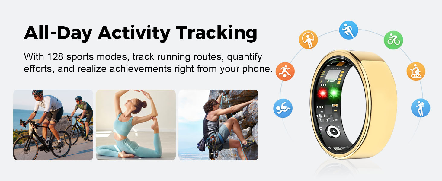The fitness ring tracks workouts, running routes, 128 sports modes and daily activity insights.