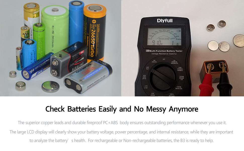 Various batteries and a digital multimeter for checking battery voltage, power percentage, and internal resistance. Copper leads and durable body visible.