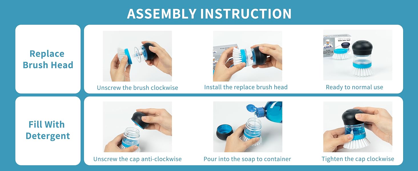 Text reads "ASSEMBLY INSTRUCTION" and "Replace Brush Head". Instructional diagram showing six steps for brush assembly and replacement with hand demonstration images.