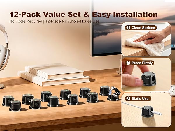 12 pack adhesive cable clips, simple 3-step installation, no drilling required
