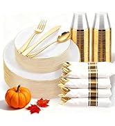 KIRE 175PCS Gold Plates Disposable - Heavy Duty White and Gold Plastic Plates Dinnerware Sets - 2...