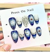 30Pcs 3D Blue Press On Nails Medium Almond Fake Nails with Gold Line Sun Moon Star &Rhinestone De...
