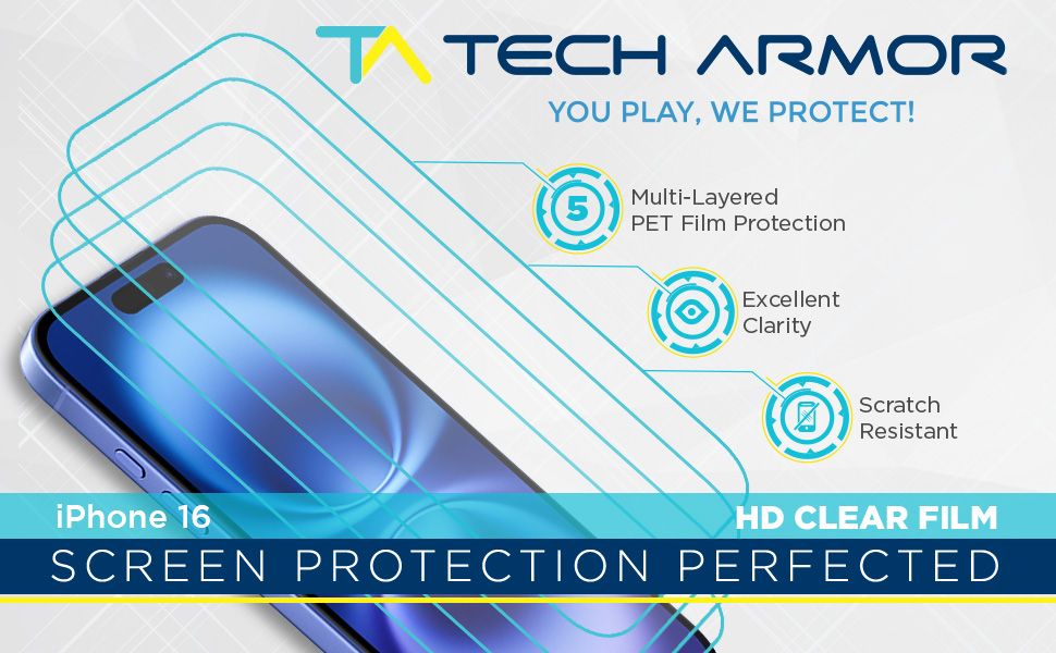 Tech Armor 4-pack HD clear PET film screen protector for iPhone 16 scratch-resistant multi-layer