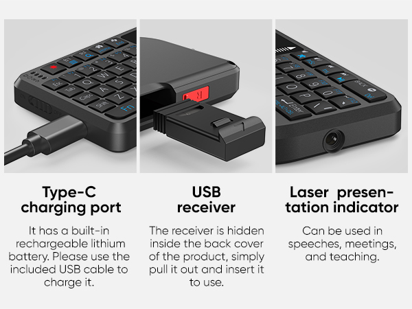 Mini Bluetooth keyboard, supports Type-C charging, includes a receiver and laser pointer.