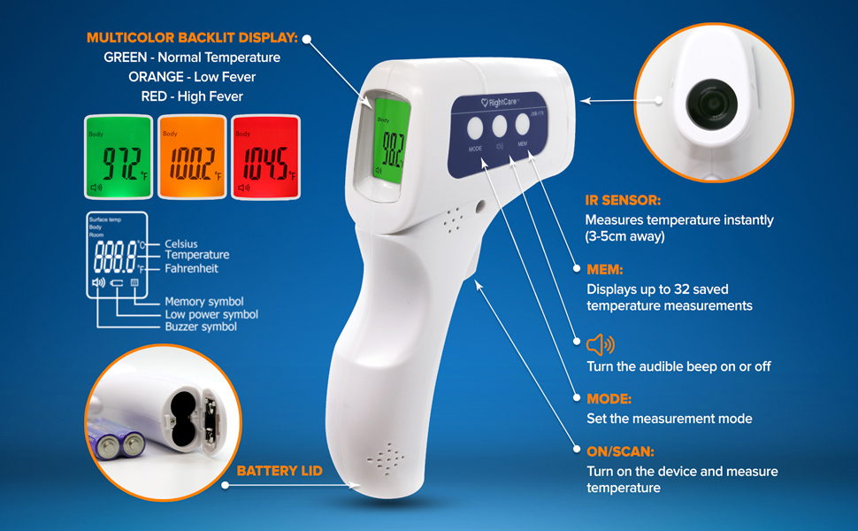 ir thermometer colored backlit display sensor battery tray features